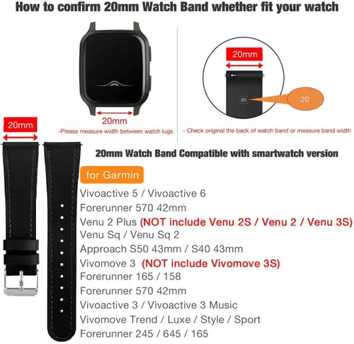 Miniatura 3 de Abanen Correa de reloj de 0.787 in para Garmin Venu Sq/Venu 2 Plus/Vivoactive 6/5, correa de cuero de liberación rápida para Vivoacvit 3, Forerunner