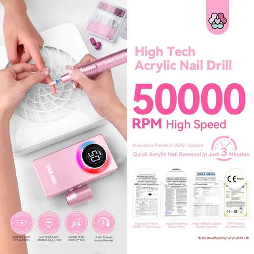 Miniatura 2 de SAVILAND Taladro de uñas eléctrico profesional de 50000 RPM: kit de taladro de uñas portátil 2026 para Nail Tech Arylic Nail Tools Elec