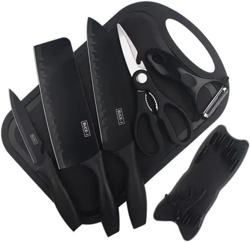 Juego de cuchillos de cocina negros de 7 piezas con soporte y tabla de cortar, cuchillos de acero inoxidable antiadherentes con tijeras y pelador