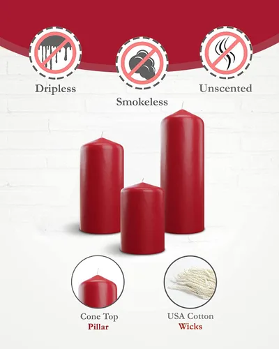 Miniatura 2 de Bask Velas de pilar superior de cono – Elegantes velas rojas – Juego de 3 velas de pilar rojo – 3 x 4 pulgadas, 3 x 6 pulgadas y 3 x 8 – Velas