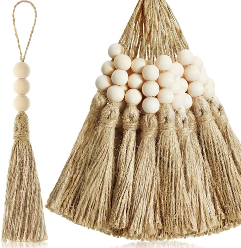 Miniatura 8 de Taiyin 40 juegos de borlas de yute con 3 cuentas de madera, cuerda de yute natural, borlas de arpillera para árbol de Navidad, manualidades, cuentas