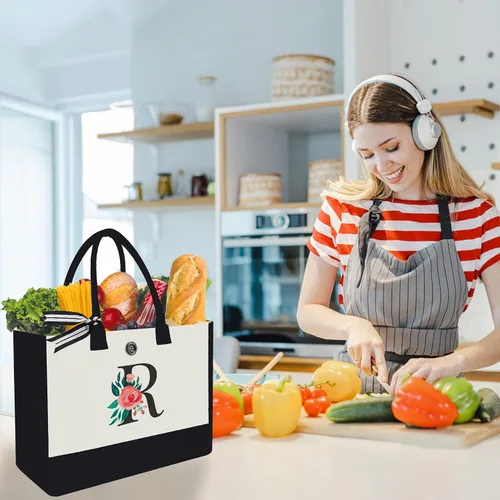 Miniatura 3 de Bolsa de lona con inicial, regalos de cumpleaños personalizados para mujeres, madres, amigas, profesoras, bolsas de mano con monograma adecuadas