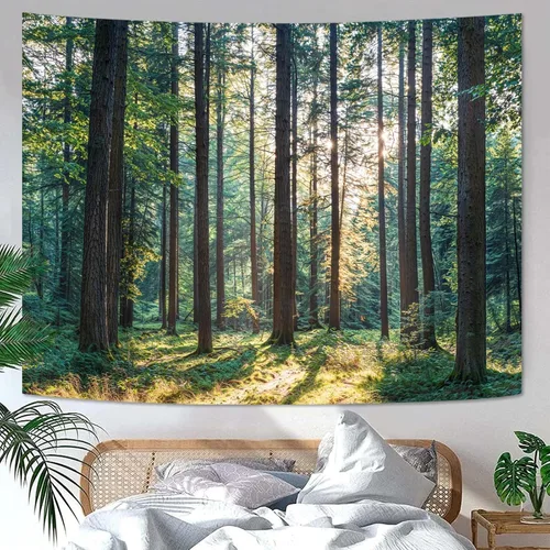 Miniatura 39 de Zussun Tapiz de Bosque Natural de Montaña Tapiz Verde de Pino Luz Solar Selva para Dormitorio Estético Planta Paisaje de Montaña Tapices Pequeños