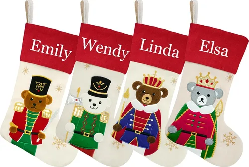 Miniatura 17 de Juego de 3, medias de Navidad personalizadas de 18 pulgadas con tecnología de bordado, diseños de Papá Noel, muñeco de nieve y renos para decoración