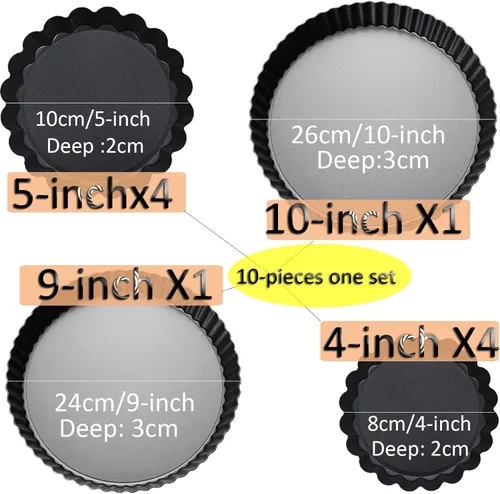 Miniatura 2 de Juego de sartenes para tartas de 10 y 9 pulgadas con mini sartenes de 5 y 4 pulgadas con parte inferior extraíble, sartén Quiche de acero al carbono