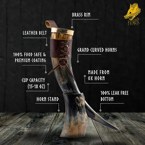 Miniatura 3 de FENRIR - Cuerno vikingo con soporte de 16 onzas, regalos para hombres, papá, esposo, taza de cuerno de buey natural con abridor de botellas Thor
