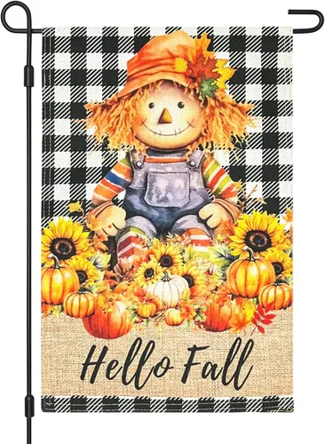 Miniatura 11 de Bandera decorativa de arpillera de otoño para jardín, 12 x 18 pulgadas, de doble cara, calabaza, cachorro, madrás, a cuadros, pequeñas banderas