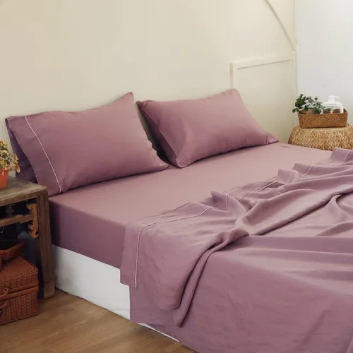 Simple&Opulence Juego de sábanas de lino 100% belga bordado color liso Super suave lavado a la piedra Morado