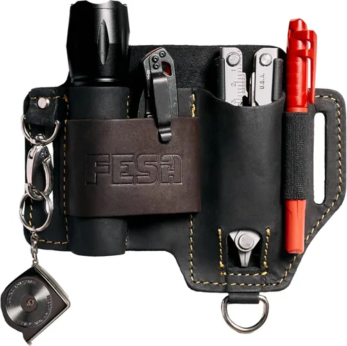 FESA Funda multiherramienta de cuero para cinturón, organizador de cuero EDC para cuchillo de bolsillo táctico, linterna y bolígrafo, con gancho