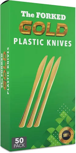 Miniatura 3 de FORKED - Cuchillos desechables de plástico dorado de 50 piezas, cubiertos de alta resistencia, cuchillos de sopa duraderos y desechables