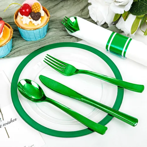 Miniatura 3 de I00000 210 piezas de platos de plástico verdes - Vajilla verde para el día de San Patricio para fiesta, incluye 30 platos de cena y 30 platos