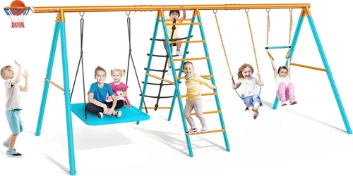 Osoeri Juego de columpios 6 en 1 para patio trasero, juego de columpios de metal resistente para niños con 2 columpios, red de escalada, barra de