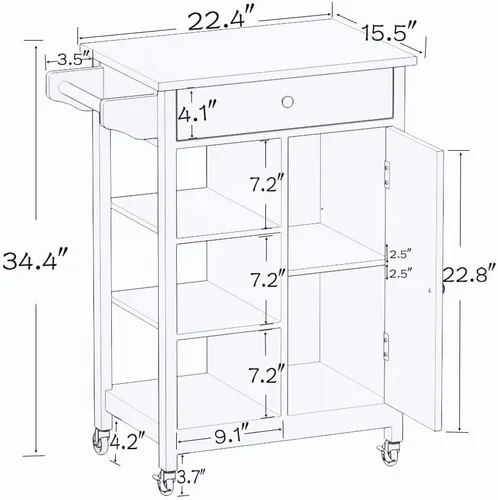Miniatura 7 de RASOO Carrito de cocina con almacenamiento, pequeño carrito de isla estrecho blanco sobre ruedas, armario de almacenamiento superior de madera