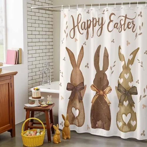 Miniatura 6 de LooPoP Cortina de ducha de Pascua con ganchos, tela impermeable, diseño de flores, zanahoria, conejo, juego de cortinas de ducha para baño, bañeras