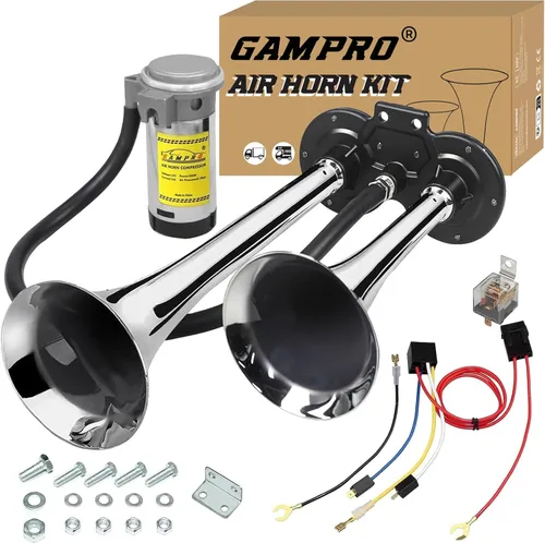 Miniatura 10 de GAMPRO Bocina de aire de 150db 12V, trompeta doble de zinc cromado con compresor para cualquier vehículo de 12 V (negro)