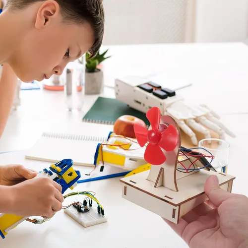 Miniatura 9 de Ventilador de casa 3 juegos de ventilador para el hogar, ventilador de madera de madera, modelo solar solar de ciencia educativa edificio ensamblar