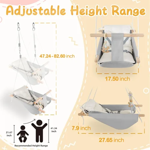 Miniatura 5 de Columpio de bebé para interiores y exteriores, columpio de hamaca de lona para bebé a niño pequeño con un asiento cómodo, juguete de madera tipo