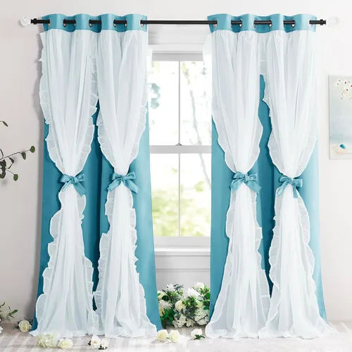 Miniatura 44 de PONY DANCE Cortinas con Volantes de Doble Capa con Superposición Transparente, Decoración Elegante para Ventanas de Diseño Rústico Francés de Campo