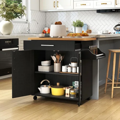 Miniatura 3 de LOKO Carrito de isla de cocina con ruedas, armario de almacenamiento de cocina con cajón, toallero, estante para especias y estante ajustable