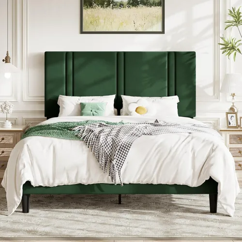 Miniatura 20 de Allewie Marco de cama de plataforma de tamaño matrimonial con cabecera ajustable, tapizado de terciopelo de felpa, canal vertical acolchonado, Negro