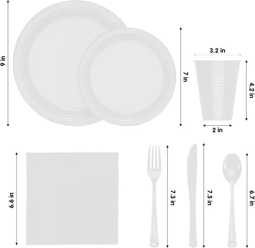 Miniatura 2 de Party Solids 350 Piezas Platos de Plástico Blanco Para Fiestas, Juego de Platos Desechables Blancos, 50 de Cada Juego de Platos para Cena de 9