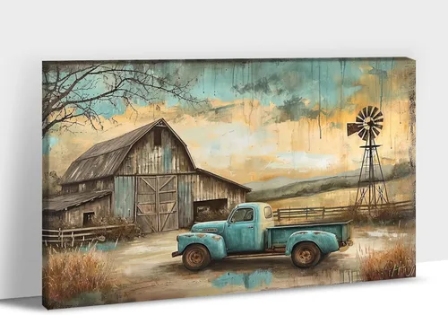 Arte de pared de camión de granja, impresiones en lienzo de camión viejo, imagen de granero para decoración rústica del hogar, pintura en lienzo de