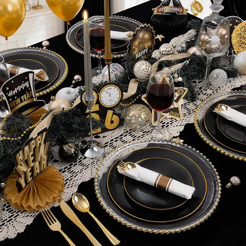 Miniatura 4 de WDF - 150 piezas de platos de plástico negros - Platos desechables negros y dorados - Juegos de vajilla desechables para 25 invitados