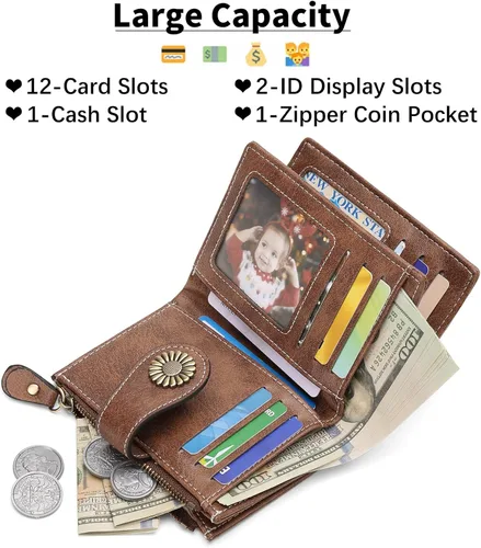 Miniatura 77 de SENDEFN - Billetera pequeña de piel auténtica para mujer, diseño plegable con ventana para tarjeta de identificación