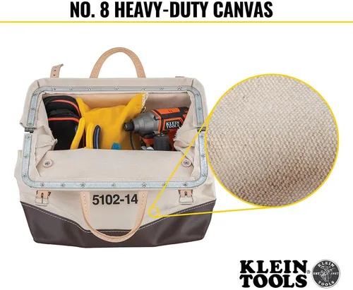 Miniatura 4 de Klein Tools 5102-14 Bolsa de herramientas de lona natural resistente, bolsa de herramientas, bolsa multiusos con apertura ancha con bisagras y asas