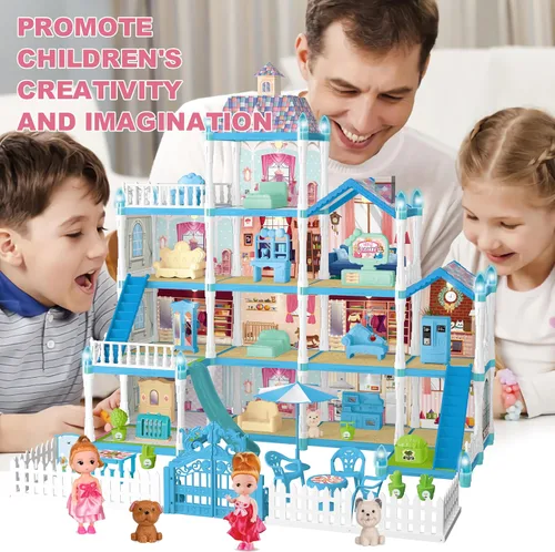 Miniatura 5 de Seifar Juego de casa de muñecas para niños y niñas, 4 pisos, 13 habitaciones, 2 muñecas y 2 cachorros, muebles y accesorios para niñas de 5, 6, 7, 8