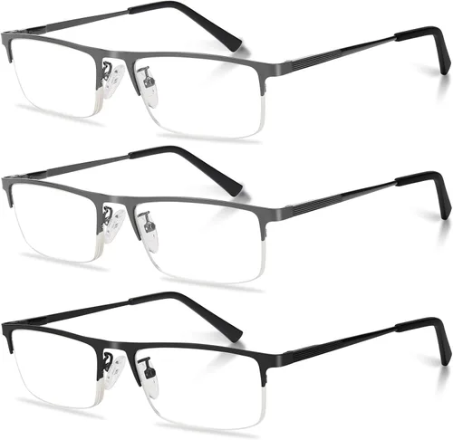 Miniatura 8 de Paquete de 3 lentes de lectura para hombre, ligeros de metal medio marco de metal con bloqueo de luz azul, lectores de computadora