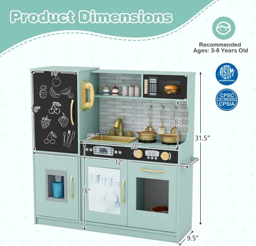 Miniatura 8 de Juego de cocina, juguete de cocina de madera para niños con microondas, nevera, horno fácil de hornear, pizarra y máquina de hielo, juguetes de Verde