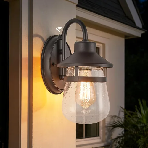Miniatura 11 de Tarentlight Aplique de pared para exteriores con pantalla de vidrio transparente semillado, accesorio exterior impermeable en acabado de bronce
