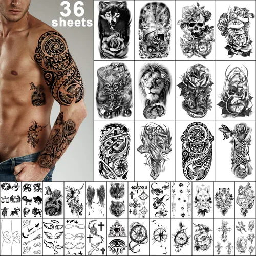 Yazhiji 36 hojas de calcomanías temporales de tatuajes, 12 hojas de tatuajes falsos para hombres o mujeres, con 24 hojas, color negro pequeño Lobo