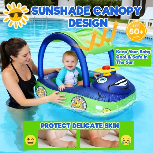 Miniatura 2 de iGeeKid Flotador inflable de piscina para bebé con toldo, asiento de seguridad para bebé, flotadores de natación en forma de automóvil, flotadores