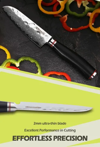 Miniatura 4 de YOUSUNLONG Santoku - Cuchillo japonés de 5 pulgadas, 67 capas, acero de Damasco martillado con madera de plomo natural Ebany