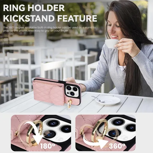 Miniatura 3 de Funda para iPhone 15 Pro de 6.1 pulgadas, cartera cruzada con bloqueo RFID, 4 ranuras para tarjetas, soporte de anillo de 360°, funda protectora