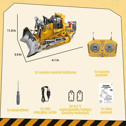 Miniatura 6 de Bulldozer a control remoto – 11 canales RC Bulldozer cargador frontal juguete con luz y sonido – Vehículo de construcción completo 1/24 juguetes