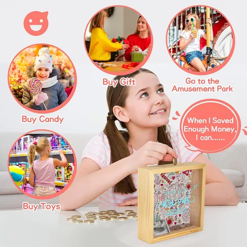 Miniatura 5 de Alcancía para niños, caja de madera más grande y segura para niños, caja de dinero de madera natural, impresa en la parte delantera de plexiglás