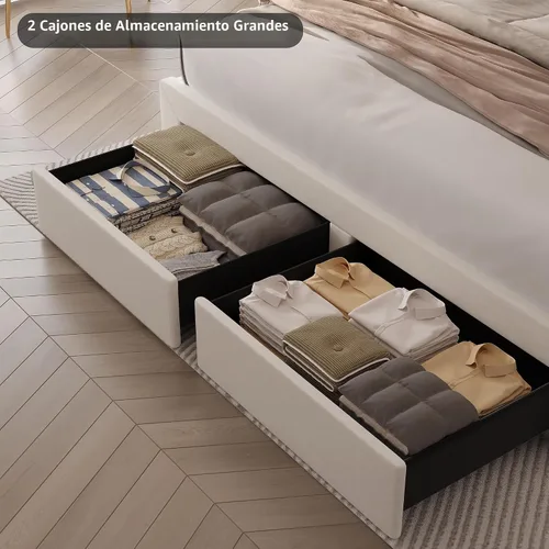 Miniatura 8 de Base de cama tamaño Queen con cabecera ajustable y cajón de almacenamiento, marco de cama tapizado Queen con luces LED RGB y estación de carga