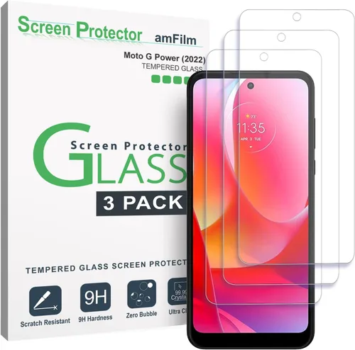 amFilm - Protector de pantalla de vidrio templado para Moto G Power 2022 (3 unidades), 0.010 in de grosor, transparente HD, sin arañazos, sin