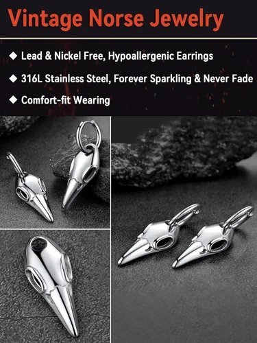 Miniatura 5 de FaithHeart Pendientes de tuerca Raven para mujeres y hombres, de acero inoxidable, punk gótico, nórdico, vikingo, con delicado embalaje de regalo