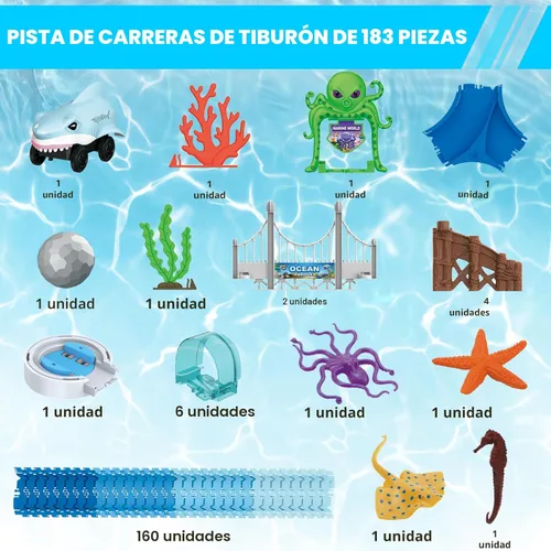 Miniatura 3 de VATOS - Juguetes de pista 183 piezas, autos de carreras de tiburón para niños y niñas de 3, 4, 5, 6, 7, 9 años, autos de pista flexibles y maleables