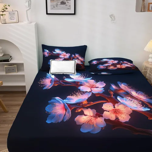 Miniatura 2 de Z9-&-189 - Juego de sábanas de 3 piezas con estampado de flor de cerezo en flor de cerezo, sábana bajera ajustable de microfibra suave con bolsillo