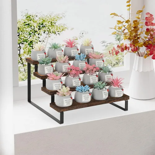Miniatura 6 de YINMIT Soporte elevador de madera, soporte organizador de perfume y colonia, organizador de especias de 4 niveles, estante de exhibición rústico