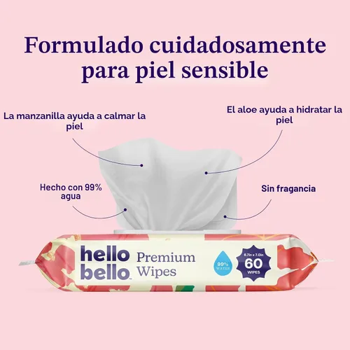 Miniatura 2 de Hello Bello Toallitas premium, diseñadas para pieles sensibles con extractos de manzanilla y aloe, Rosy Posy