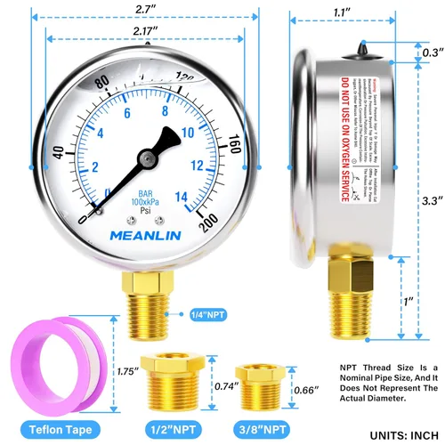 Miniatura 2 de MEANLIN MEASURE - Manómetro de acero inoxidable, relleno de líquido, esfera con cara de 2.5 pulgadas, NPT de 1/4 de pulgada, agua, aceite y gas