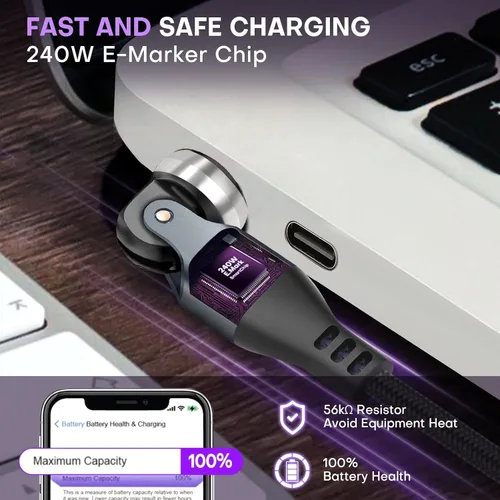 Miniatura 3 de Cable USB tipo C a C PD de 240 W (1 paquete de 3.3 pies) USB2.0 480MBPS y cable de transferencia de datos de rotación de 180° y 360°, cable de carga