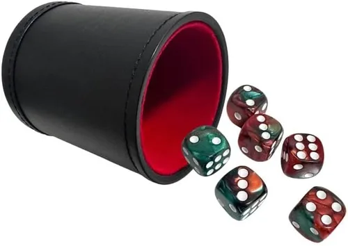 Miniatura 9 de Juego de tazas de dados de piel sintética y forro de fieltro, agitación silenciosa para juegos de dados Yahtzee Farkle Liars, incluye seis dados