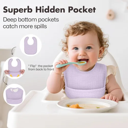 Miniatura 3 de Baberos para bebés niñas y niños, paquete de 8 baberos de muselina para babear y dentición con bolsillo oculto, algodón suave, extra absorbente, a